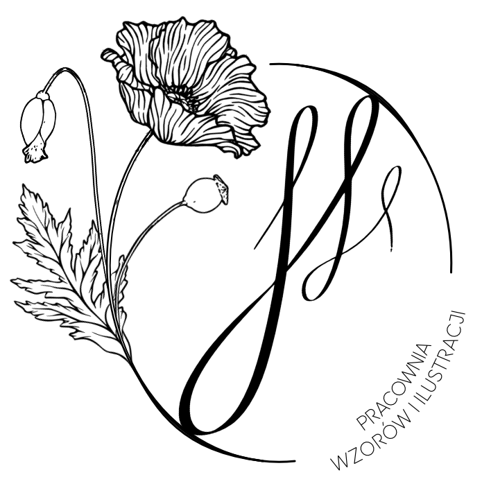 Logo z ozdobnymi inicjałami JL i kwiatem maku oraz napisem Pracownia wzorów i ilustracji