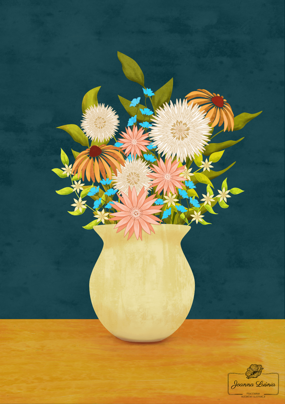 Ilustracja przedstawiająca kolorowe kwiaty w wazonie.